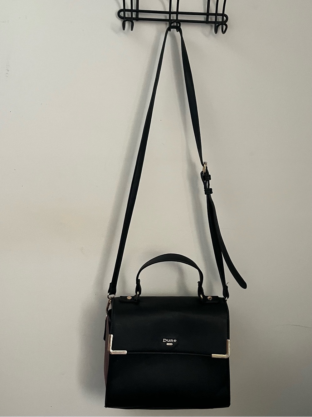 Dune London Black and Maroon Crossbody Top-Handle Satchel with Gold Accents